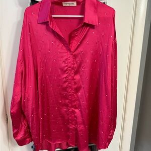 Satin Pink blouse with rhinestone detail!